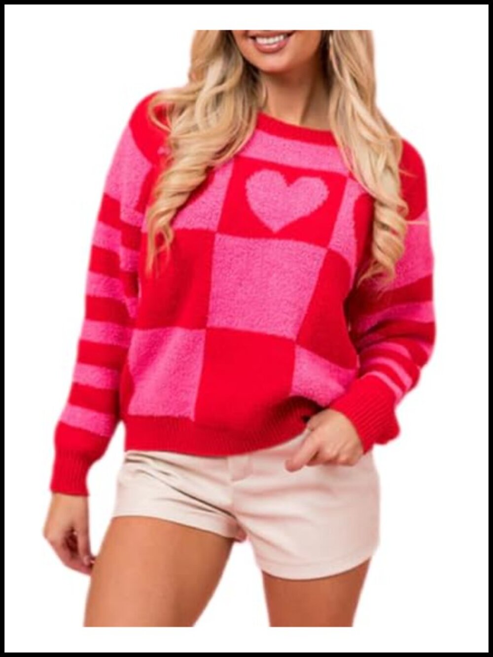 Women Heart Print Sweater Cute Long Sleeve Knit Pullover Crewneck Holiday Top